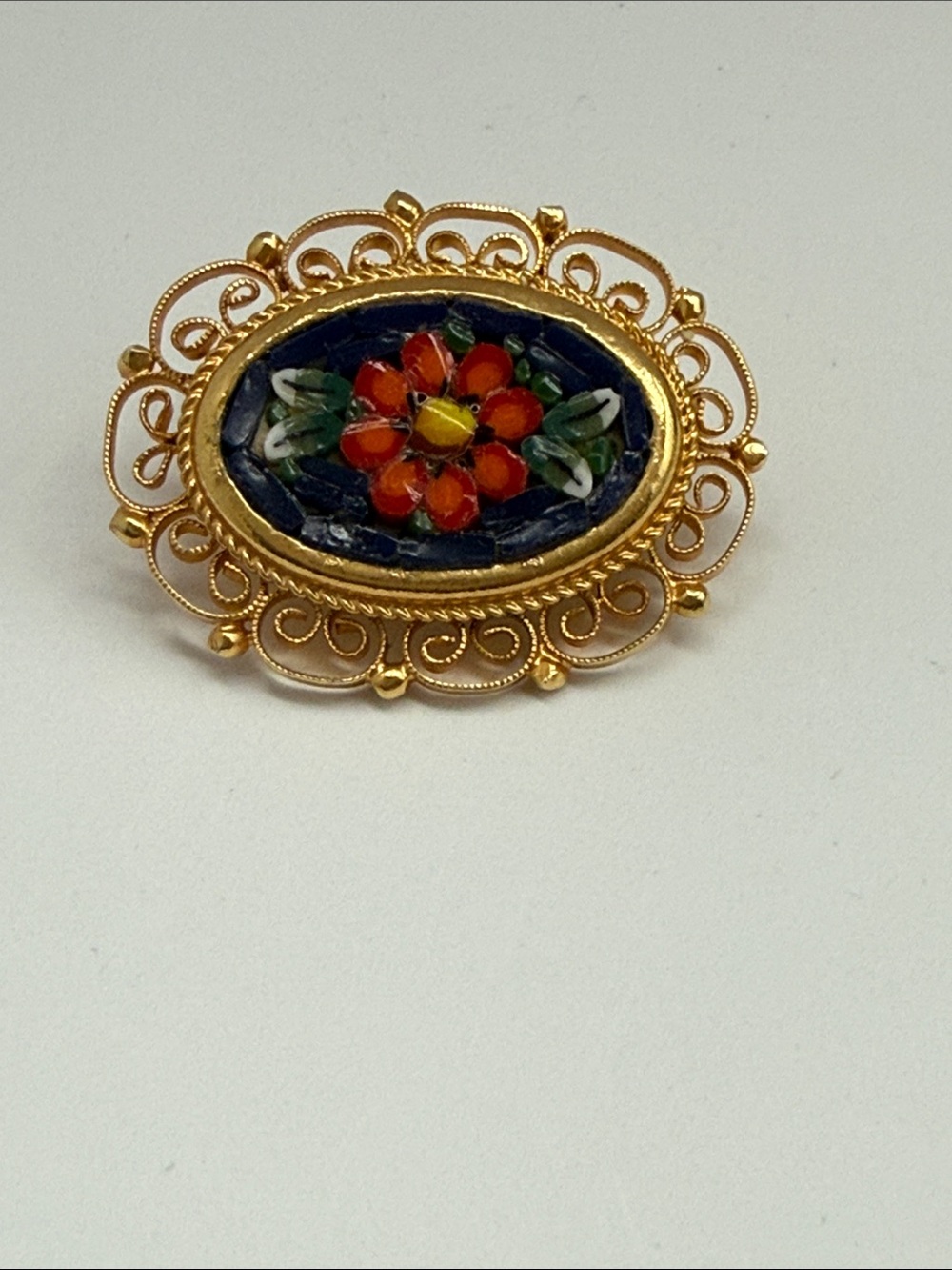 Vintage Gold-Tone Floral Micro-Mosaic Oval Brooch - Red & Blue